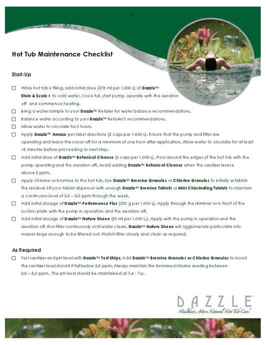 Hot Tub Maintenance Checklist with Dazzle specialty hot tub products
