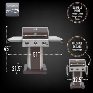 Kenmore 3 Burner Patio Grill with Folding Side Shelves - Red